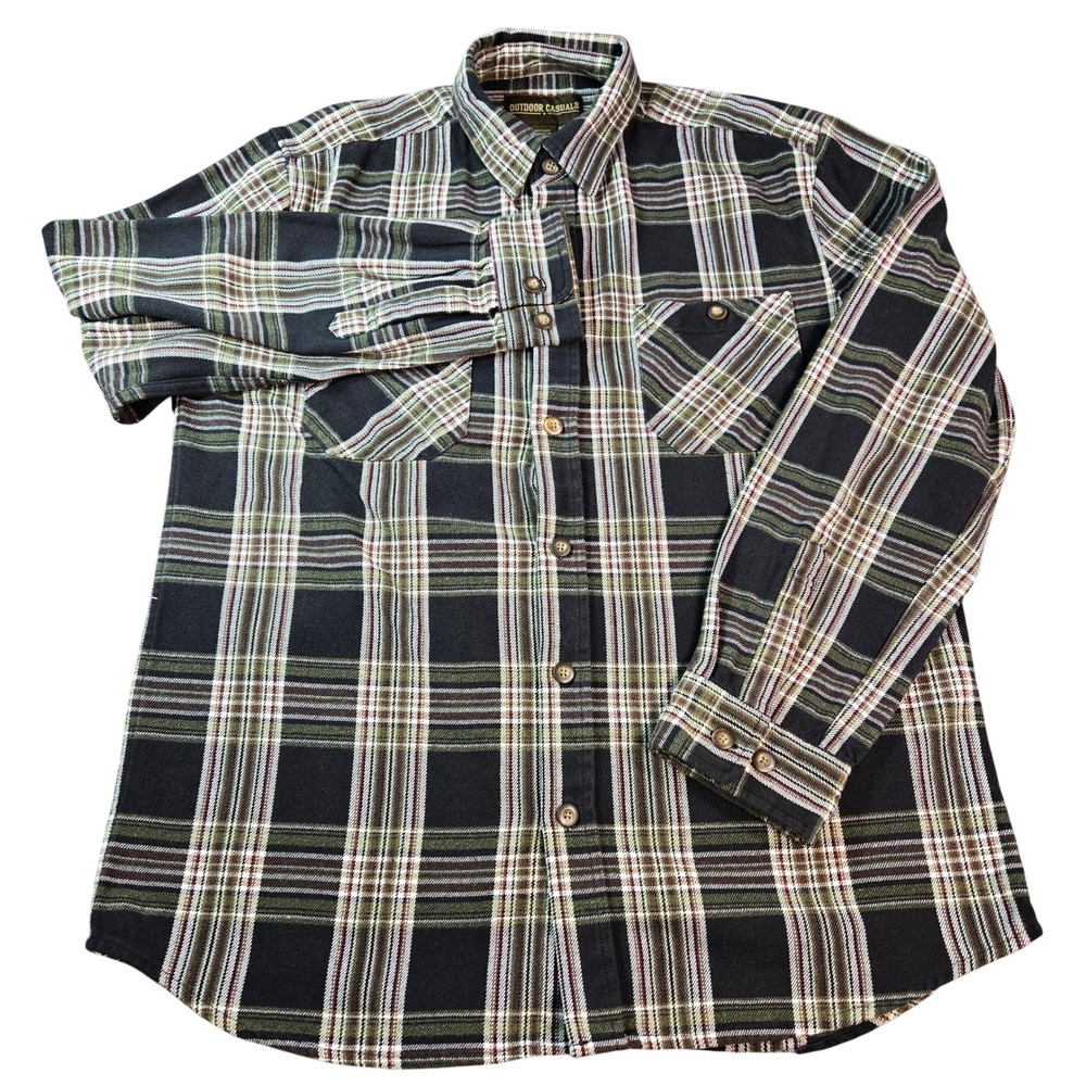 Outdoor Casuals Mens Large Plaid Flannel Shirt Black Green Long Sleeve Button Up